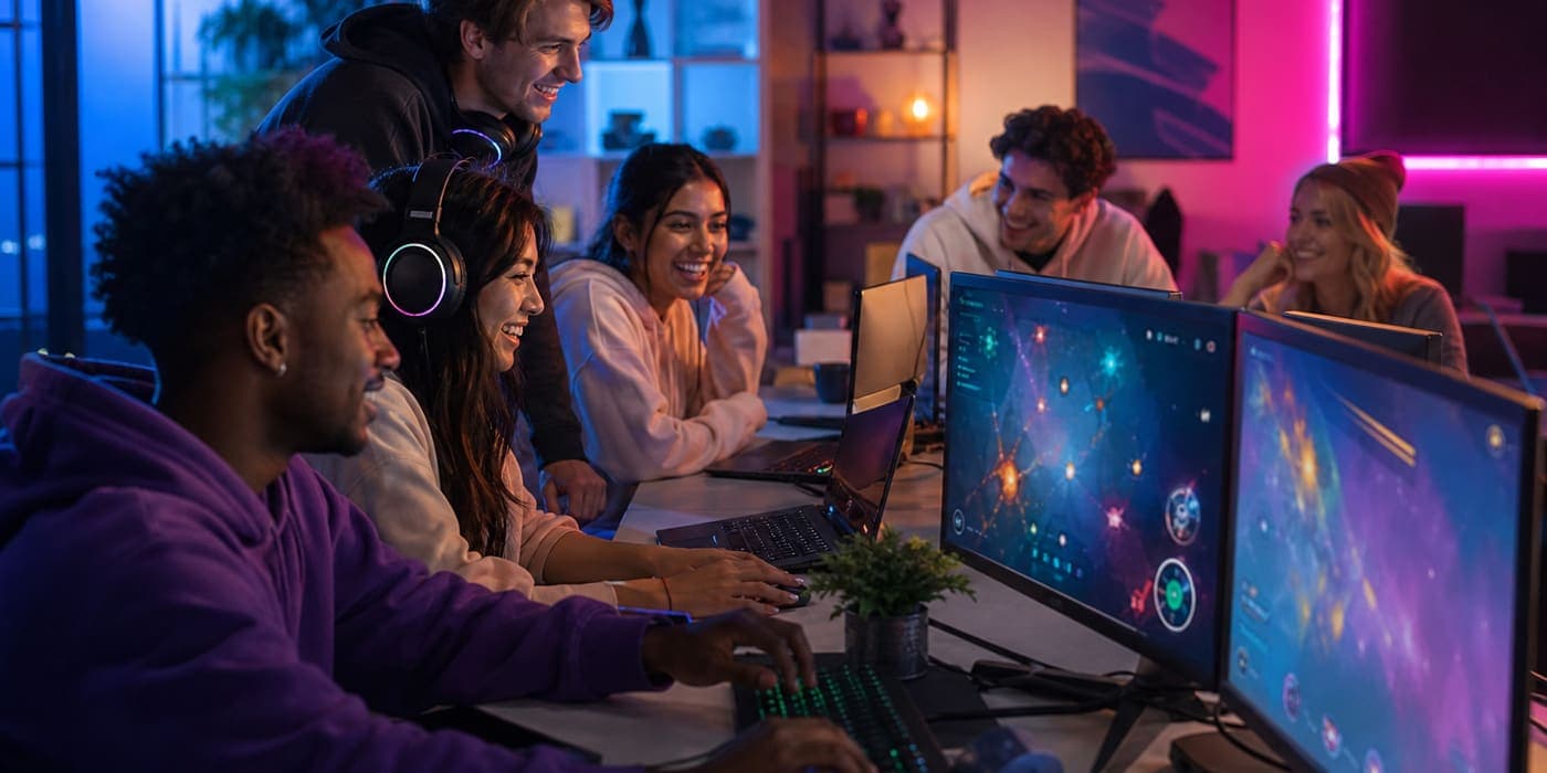Friends playing games together at Pokii Games