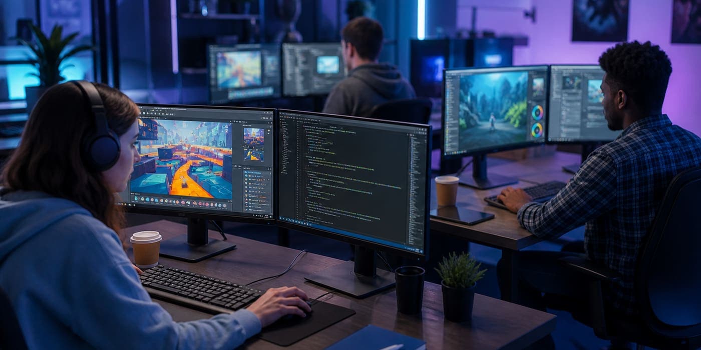 Game developers working in a studio